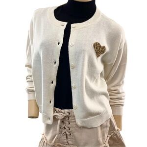 Aeropostale-  Cream Button Up Cardigan with Leopard Heart Detail- M